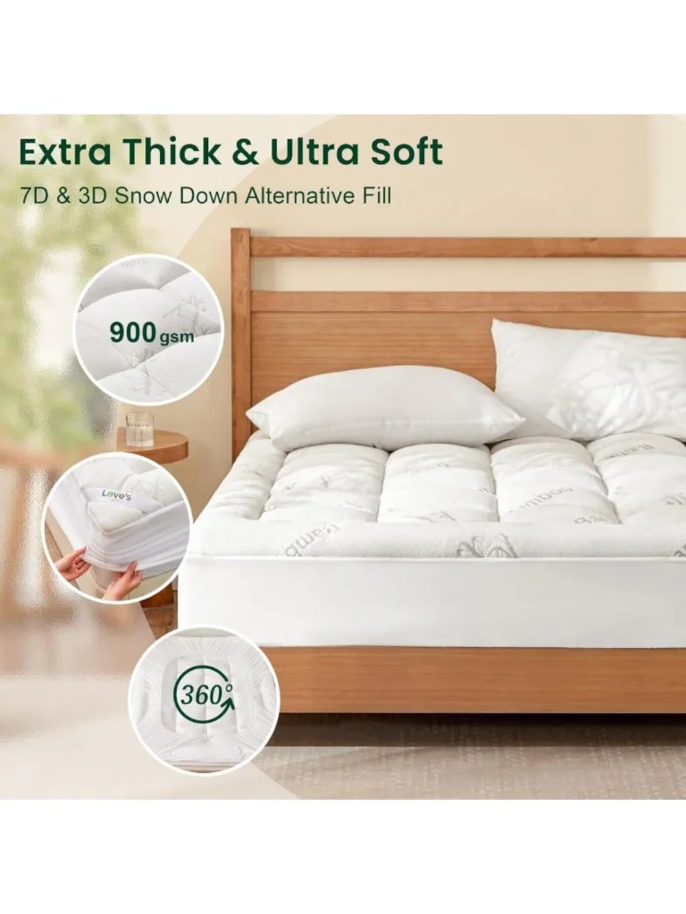 Thick Twin XL Bamboo Mattress Topper - Soft Cooling Pillow Top, Stretchable Fit